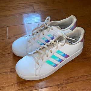 White adidas shoes with rainbow stripes, moderate-good condition